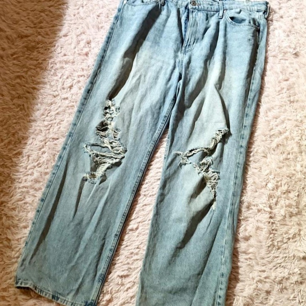 Light Wash Distressed Wide Leg Barrel Jeans Womens 16 Indie Hipster Punk Grunge